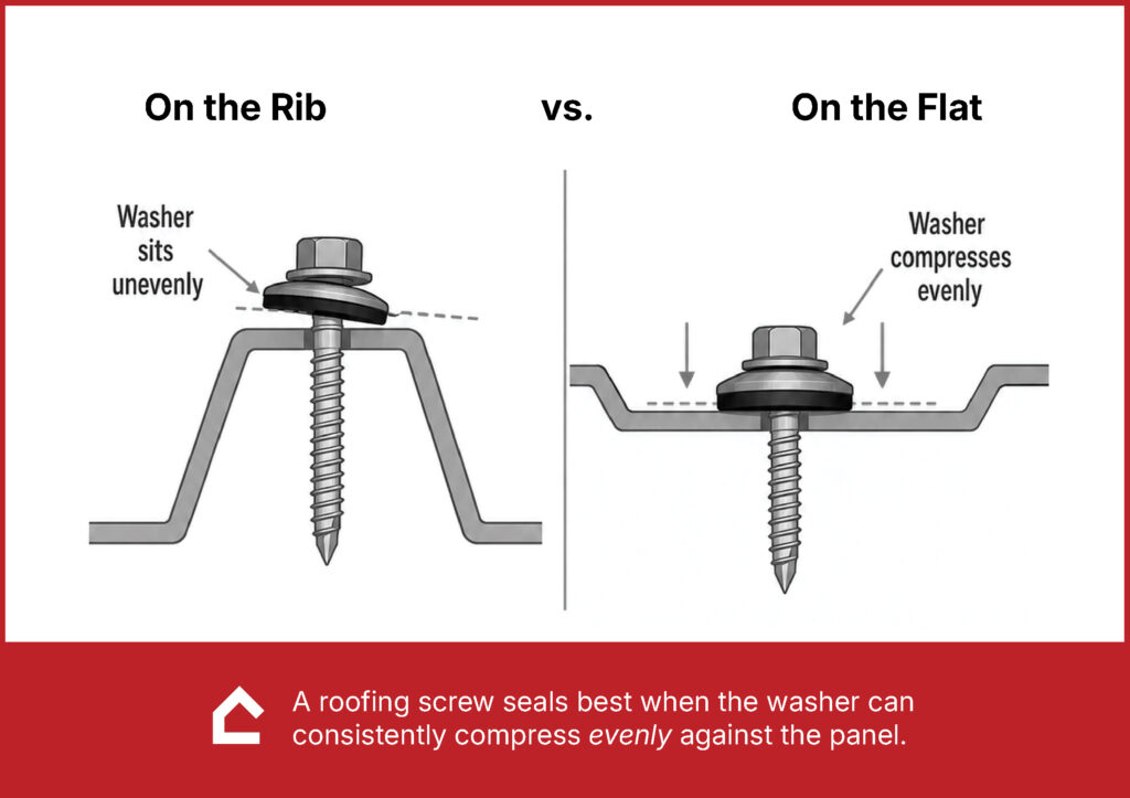 Diagram comparing washer seating: uneven on a rib vs. even on a flat panel; shows gaps and compression.